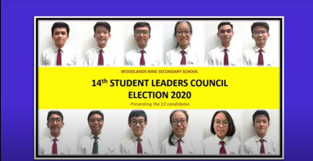 12 student candidates in school uniforms for Woodlands Ring Secondary School 14th Student Leaders Council Election 2020.